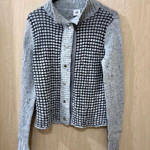 CAbi Gray and Black Cardigan Sweater with Houndstooth Design